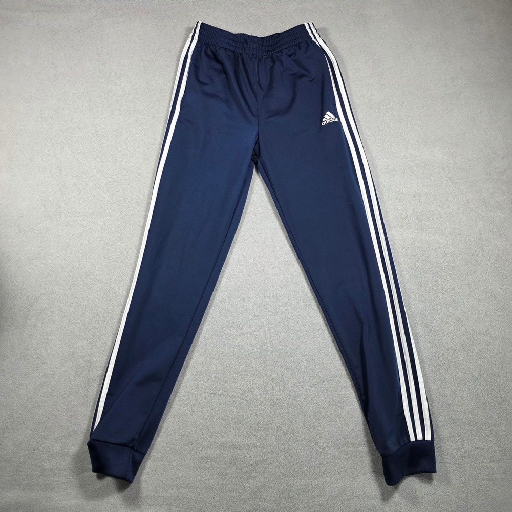 adidas Track Pants Boys Large Navy Blue Tapered Mid Rise 3-Stripes Solid